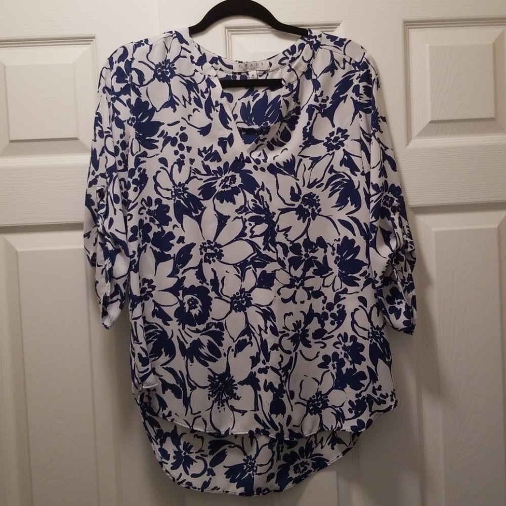 Chaus Floral V Neck 3/4 Rolled Sleeve Blouse